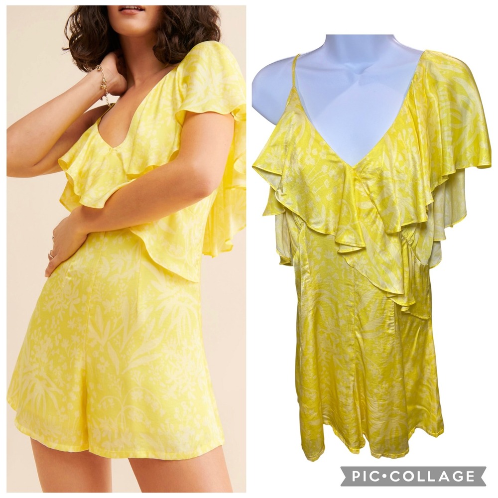 Corey Lynn Calter Anthropologie One Shoulder Ruffle Romper S Yellow Satin Floral